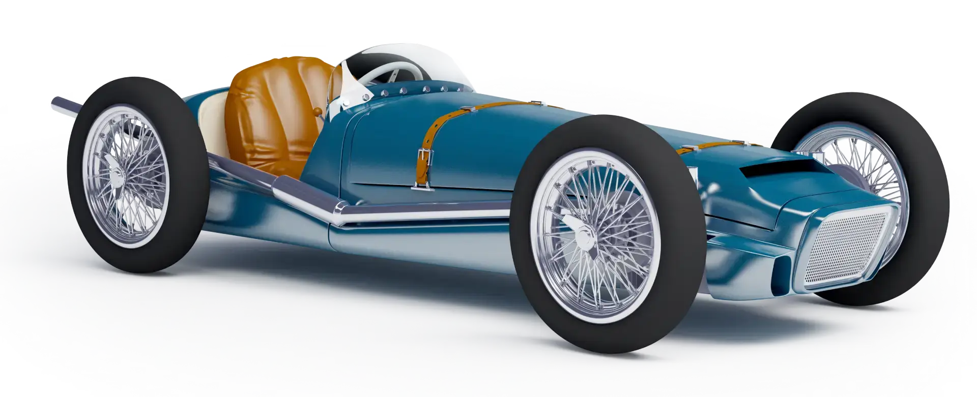 Vintage blue race car on display.